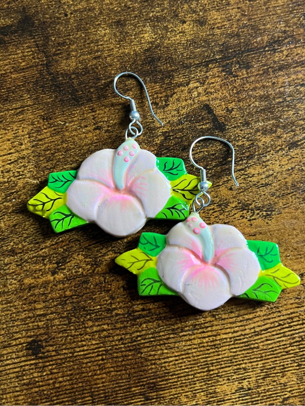 Vintage Pink Floral Dangle Earrings with Green Leaves